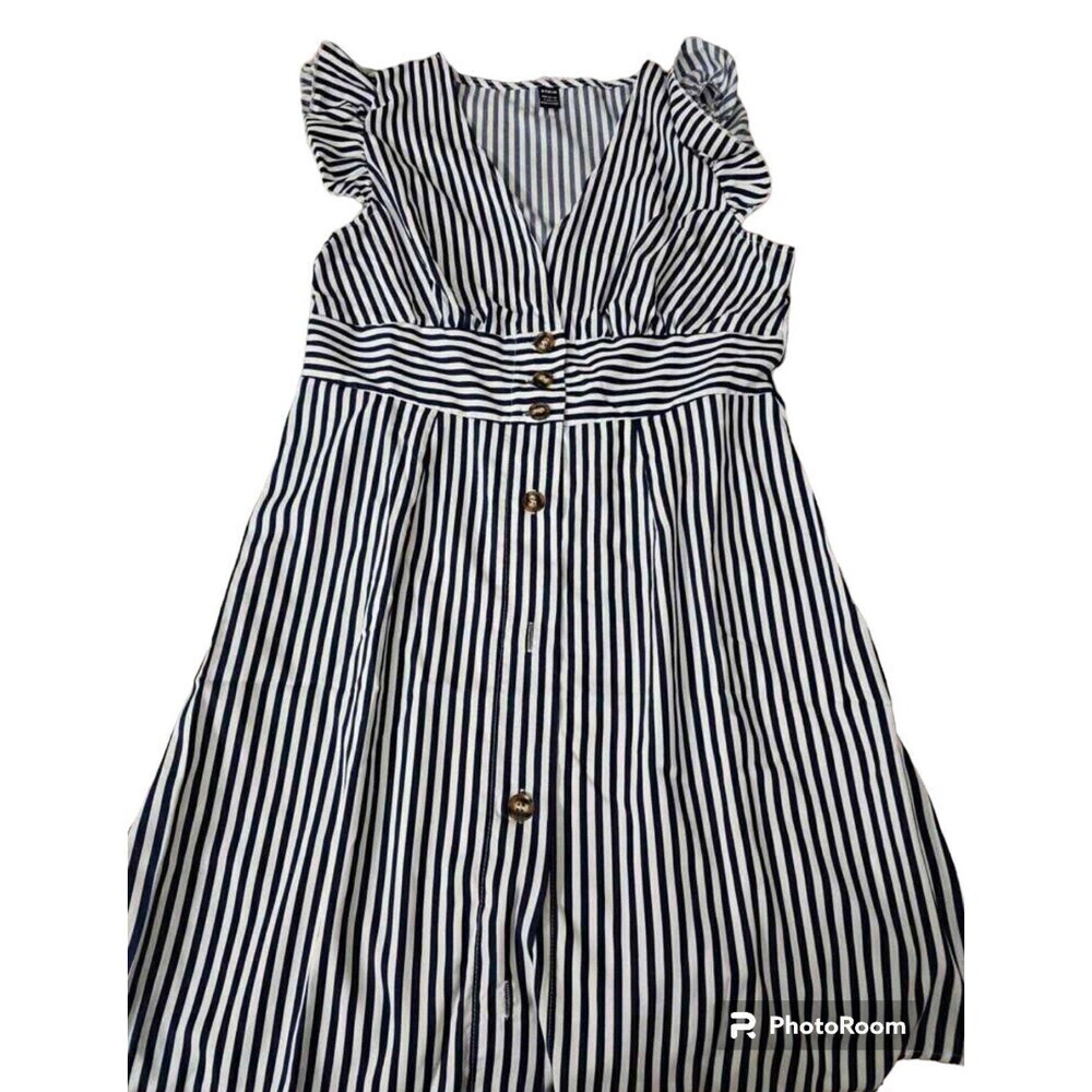 Women's Blue & White Frenchy Striped Print Button Front Butterfly Sleeve Short - Picture 4 of 5